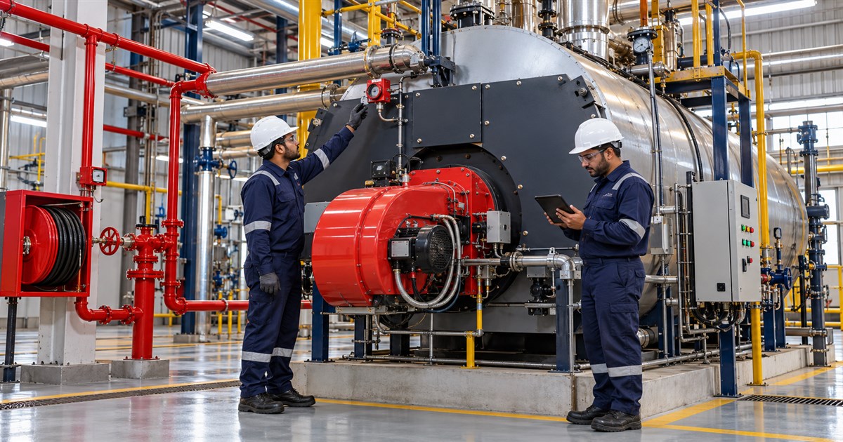 Indian engineers inspecting boiler flame detection and fire protection equipment