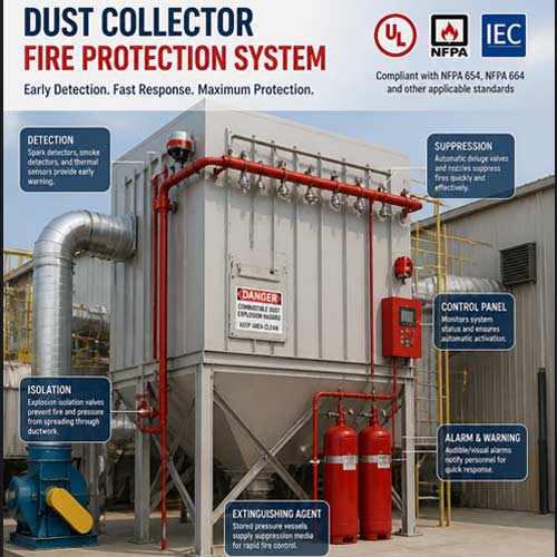 Dust collector fire protection system for industrial plant safety