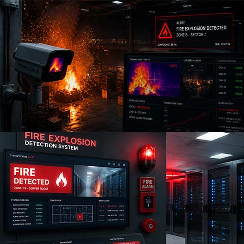Explosion detection and industrial fire prevention system for ducts and dust collectors
