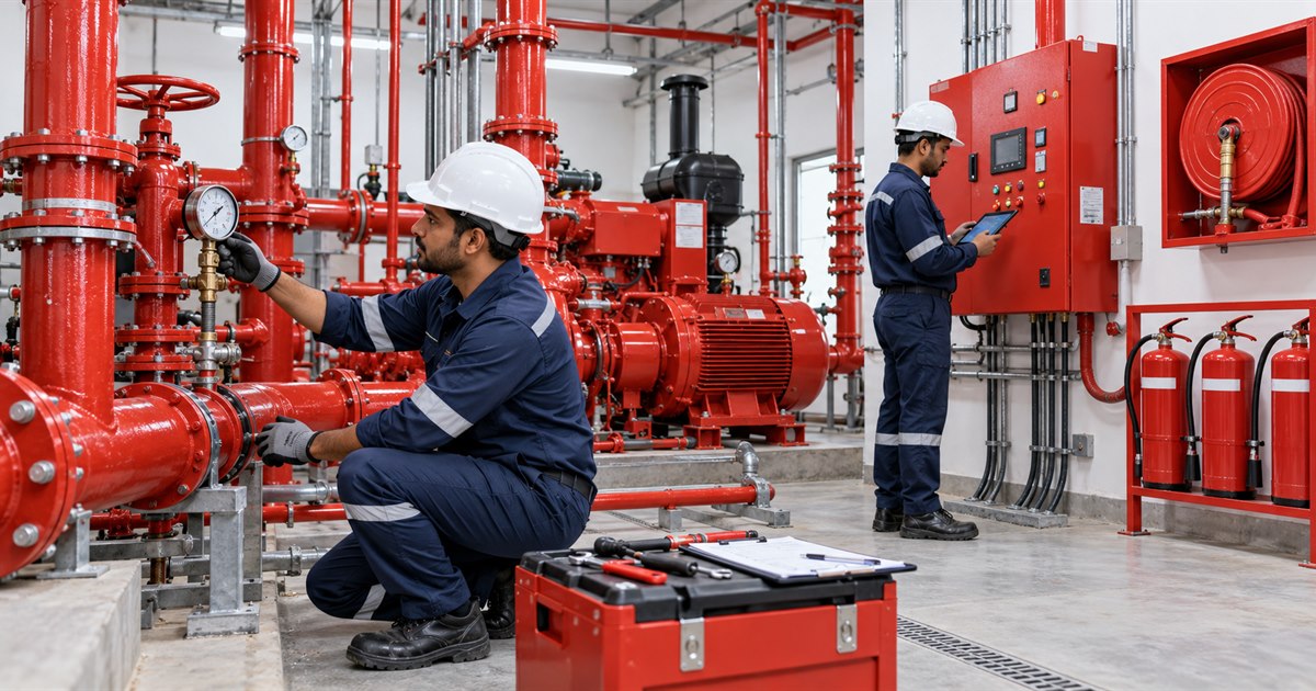 Fire safety technicians maintaining pumps, hydrant piping and control systems in India