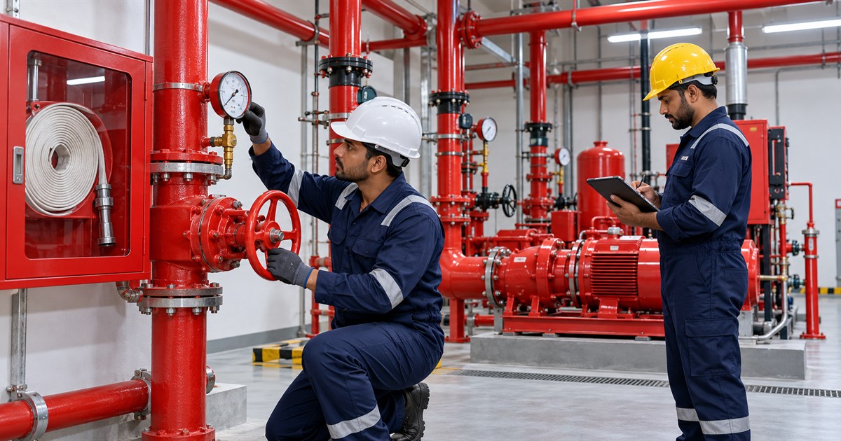 Fire safety technicians maintaining hydrant piping, a pressure gauge and pump system in India