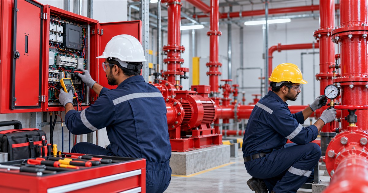 Indian technicians repairing a fire control panel and checking hydrant pressure equipment