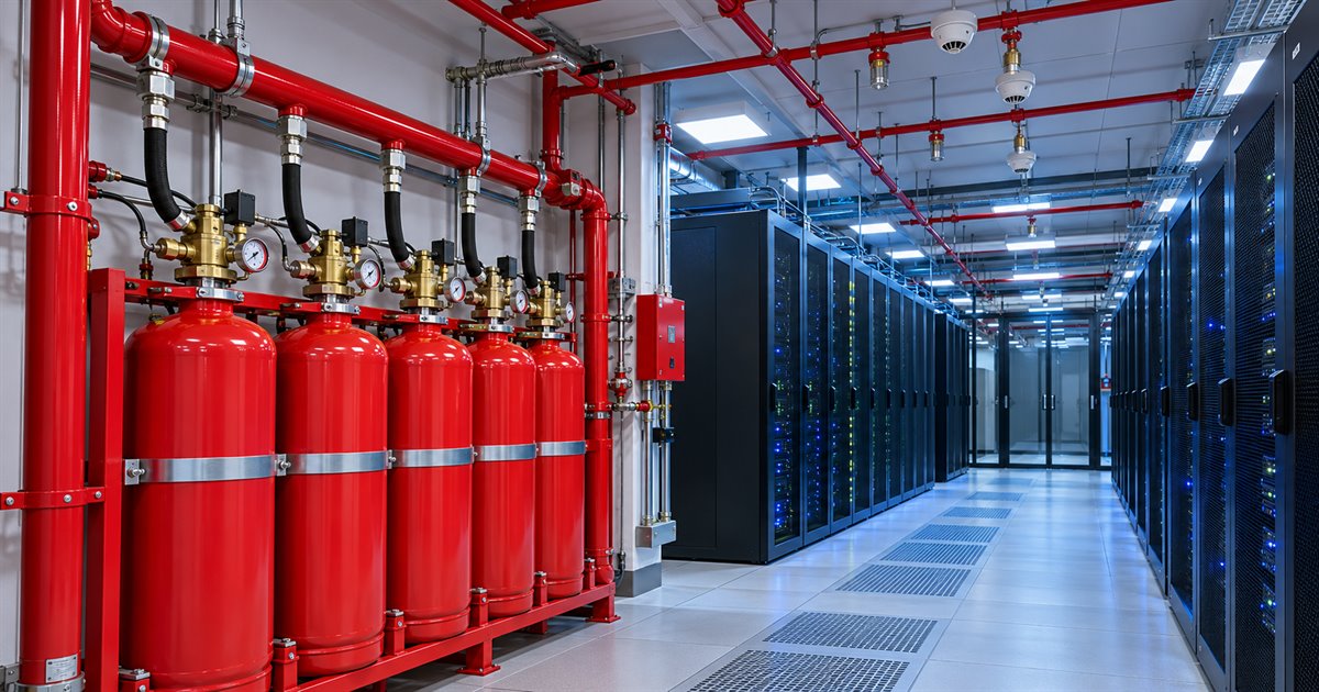 FM-200 clean-agent cylinder bank protecting a data center in Mumbai and India