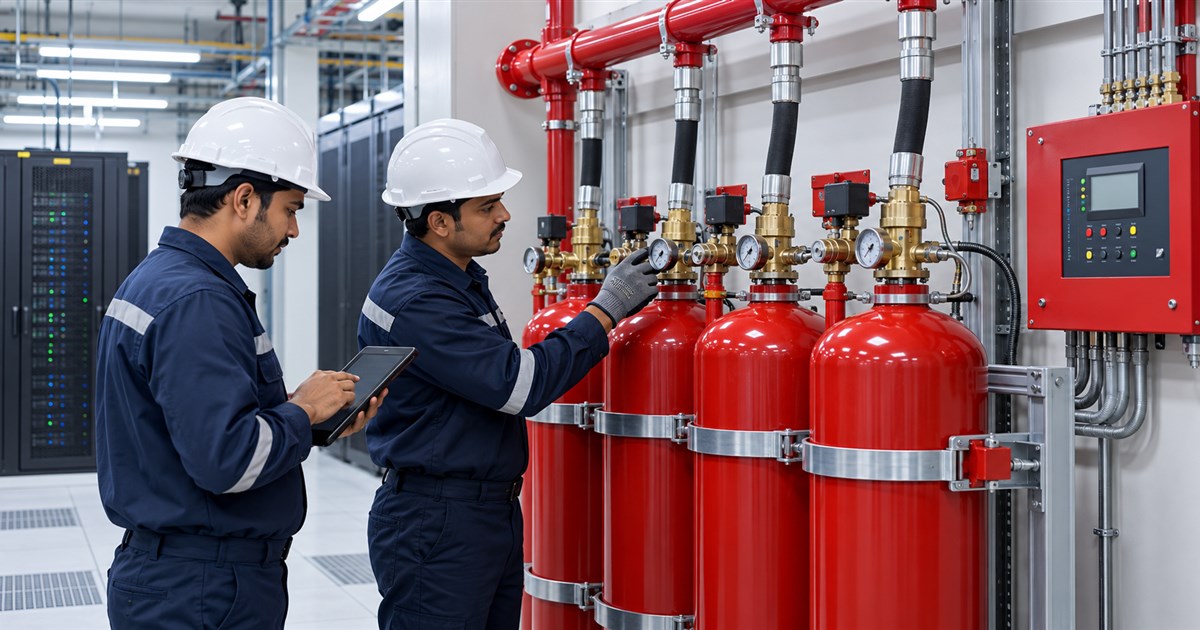 Indian technicians inspecting clean-agent cylinders, gauges and release controls