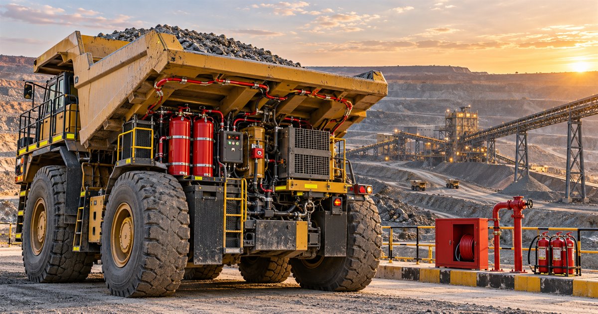 Automatic fire suppression cylinders installed on a mining haul truck with hydrant protection in India